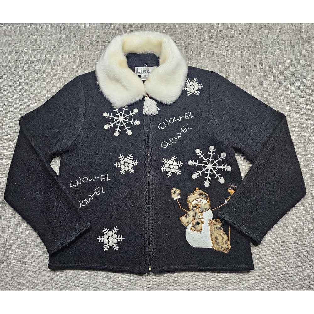Lisa International Jacket Womens Medium Boiled Wool Snowman Snowflake Winter